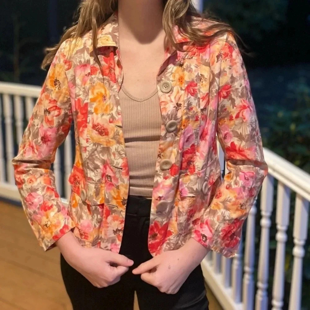 Coldwater Creek Spring Floral Cotton Blazer Women’s Size 12P Short Button Up